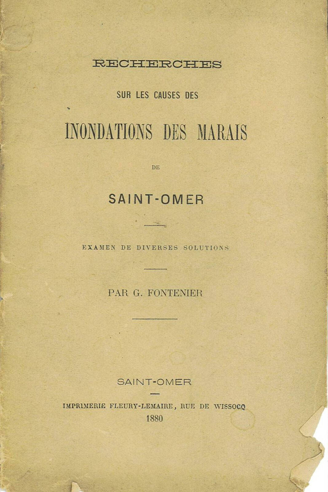 Couverture de la brochure de G. Fontenier, Recherches sur les causes des inondations des marais de Saint-Omer, 1880